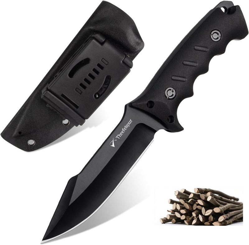 Threfelipur Camping Knife for Men, D2 Steel Fixed Blade Tactical Survival Knife with Sheath - Compact & Portable for Outdoor Hiking, Bushcraft, G10 Handle - Black - Image 1